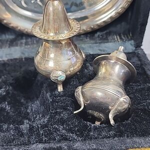 Vintage Silverplate Salt & Pepper with Tray and Crushed Velvet Case